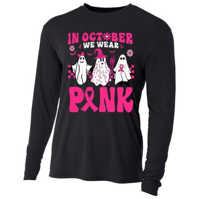 Groovy In October We Wear Pink Ghost Halloween Breast Cancer Cooling Performance Long Sleeve Crew