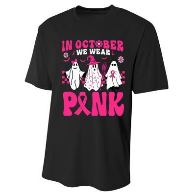 Groovy In October We Wear Pink Ghost Halloween Breast Cancer Performance Sprint T-Shirt