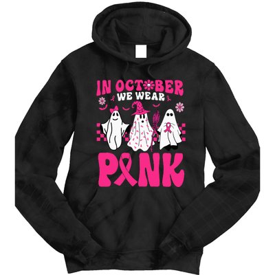 Groovy In October We Wear Pink Ghost Halloween Breast Cancer Tie Dye Hoodie