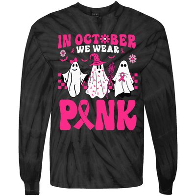 Groovy In October We Wear Pink Ghost Halloween Breast Cancer Tie-Dye Long Sleeve Shirt