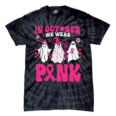 Groovy In October We Wear Pink Ghost Halloween Breast Cancer Tie-Dye T-Shirt