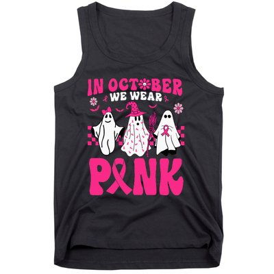 Groovy In October We Wear Pink Ghost Halloween Breast Cancer Tank Top