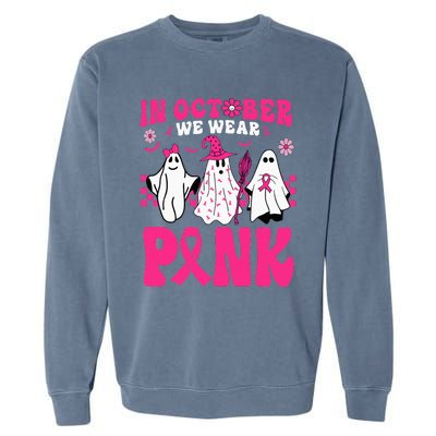 Groovy In October We Wear Pink Ghost Halloween Breast Cancer Garment-Dyed Sweatshirt