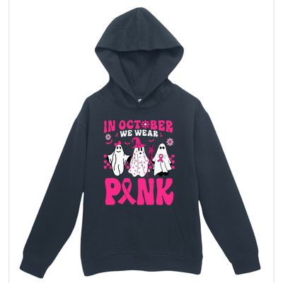 Groovy In October We Wear Pink Ghost Halloween Breast Cancer Urban Pullover Hoodie