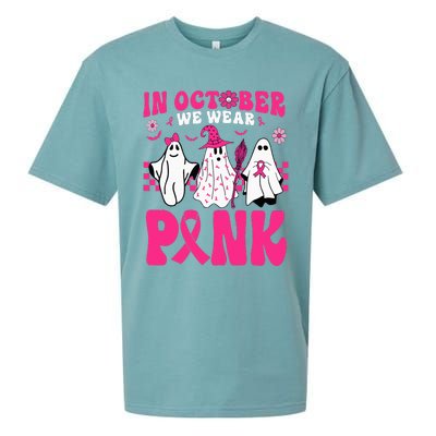 Groovy In October We Wear Pink Ghost Halloween Breast Cancer Sueded Cloud Jersey T-Shirt