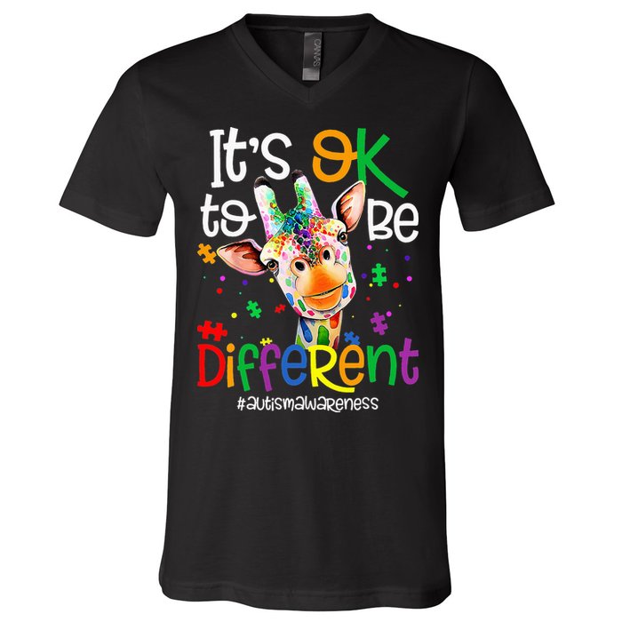 giraffe its okay to be different ASD Awareness V-Neck T-Shirt