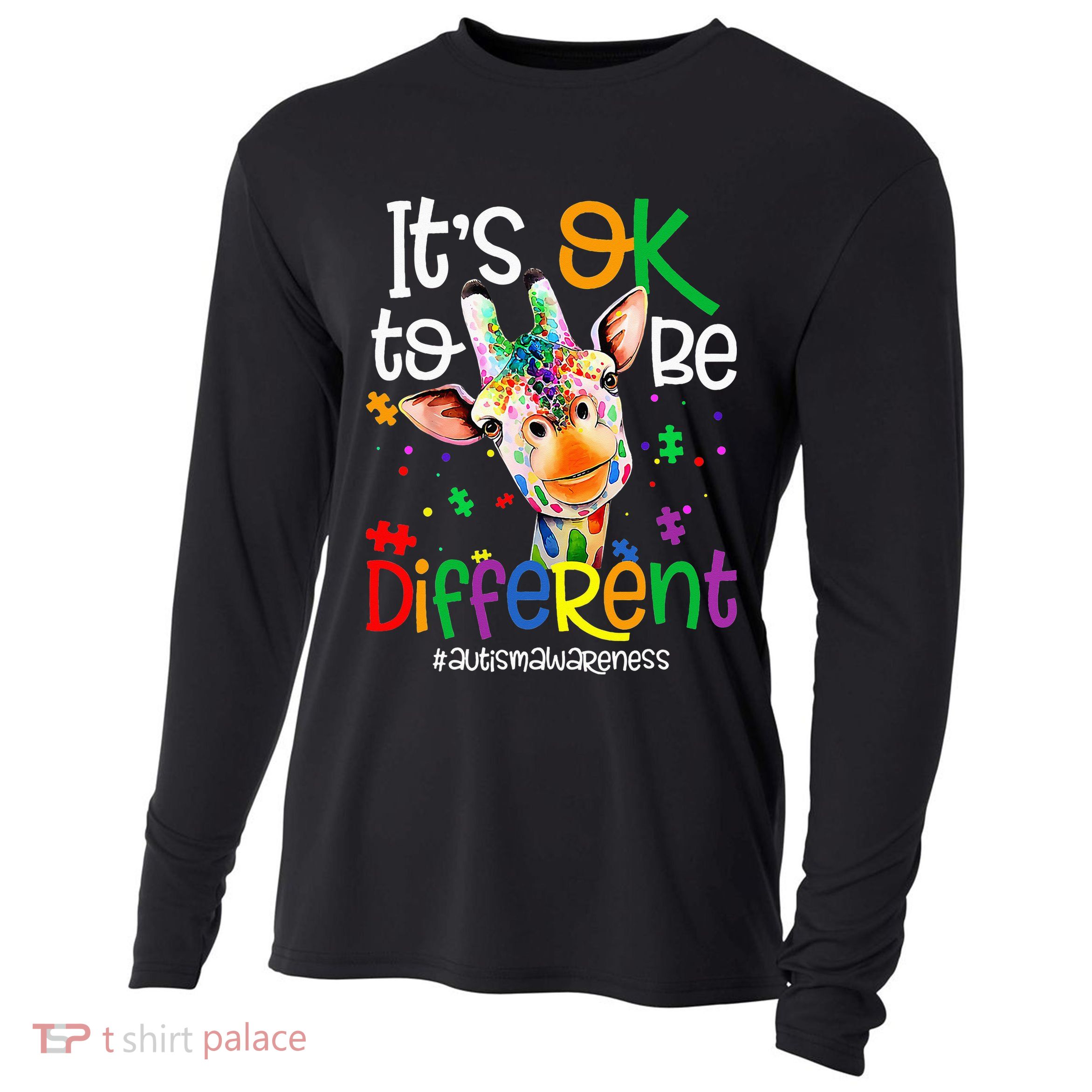 giraffe its okay to be different ASD Awareness Cooling Performance Long Sleeve Crew