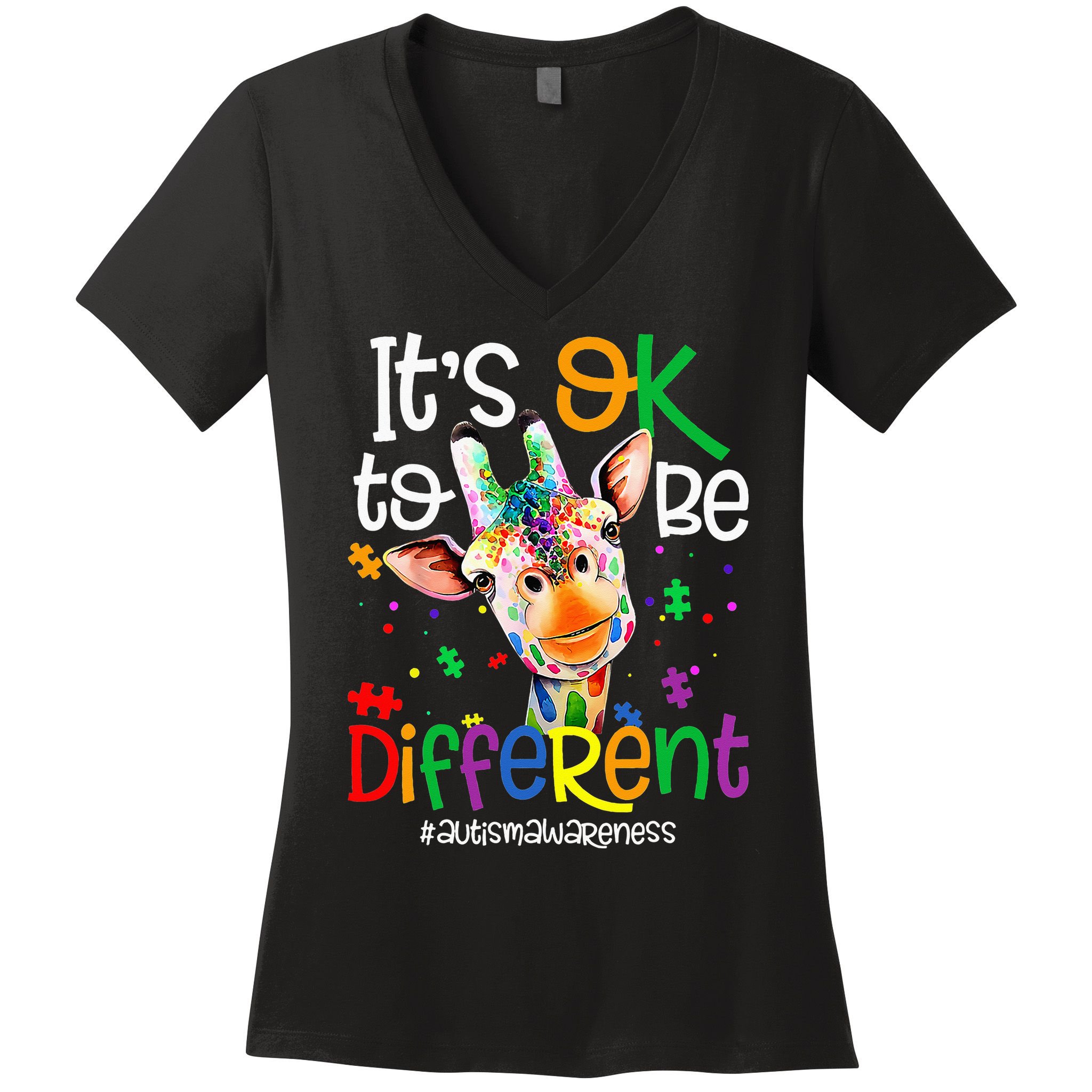 giraffe its okay to be different ASD Awareness Women's V-Neck T-Shirt