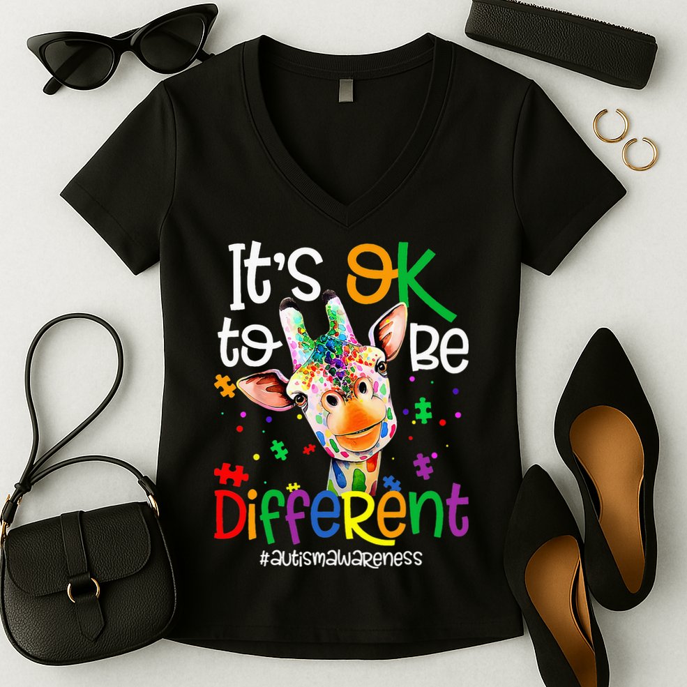 giraffe its okay to be different ASD Awareness Women's V-Neck T-Shirt