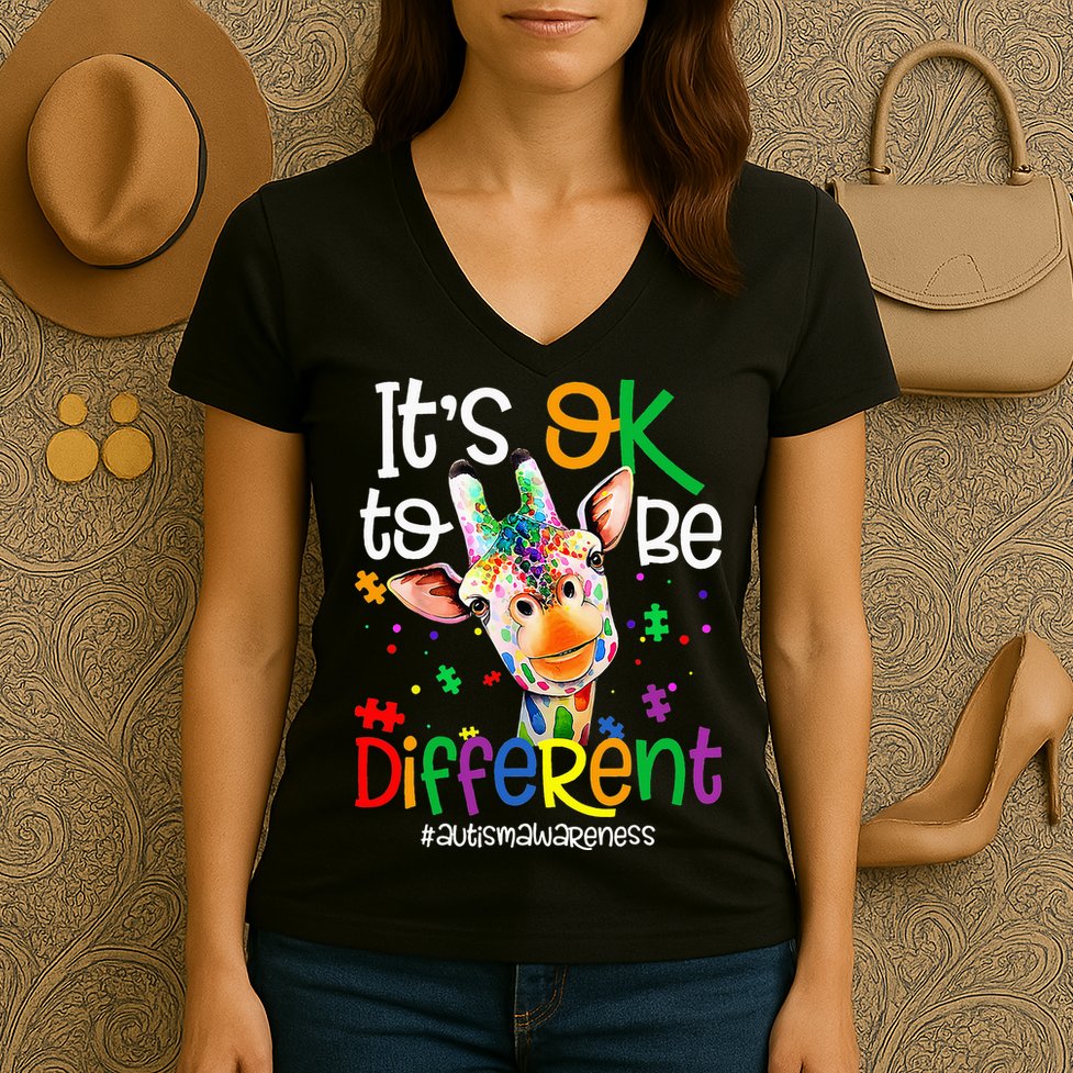 giraffe its okay to be different ASD Awareness Women's V-Neck T-Shirt