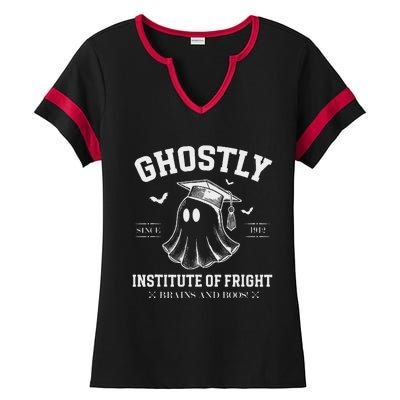 Ghostly Institute Of Fright Brains And Boos Halloween Ladies Halftime Notch Neck Tee