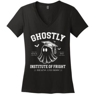 Ghostly Institute Of Fright Brains And Boos Halloween Women's V-Neck T-Shirt