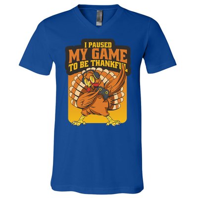 Gaming I Paused My Game To Be Thankful Dabbing Gamer Turkey Gift V-Neck T-Shirt