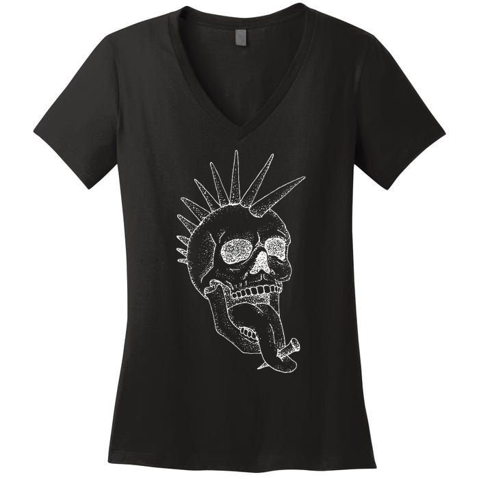 Grunge Indie Punk Rock Skull With Mohawk Women's V-Neck T-Shirt