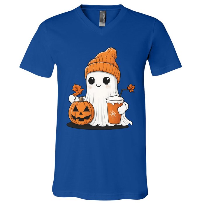 Ghost Ing Pumpkin Spice Coffee Halloween Thanksgiving Funny Gift V-Neck T-Shirt