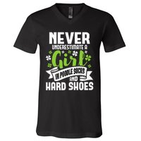 Girl In Poodle Socks Irish Dancer Ceili Reel Dance Feis V-Neck T-Shirt