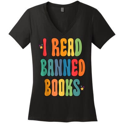Groovy I Read Banned Books Librarian Reader Bookworm Women's V-Neck T-Shirt