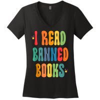 Groovy I Read Banned Books Librarian Reader Bookworm Women's V-Neck T-Shirt