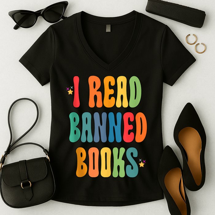 Groovy I Read Banned Books Librarian Reader Bookworm Women's V-Neck T-Shirt