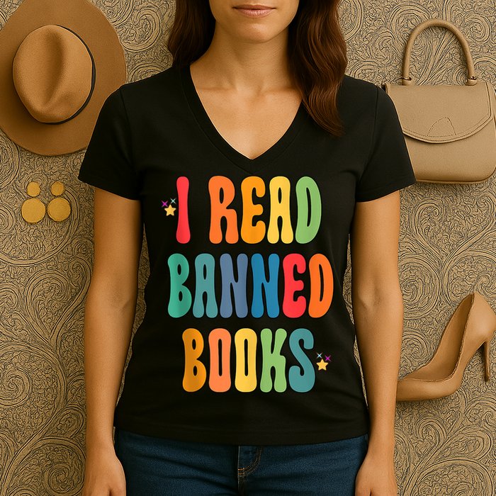 Groovy I Read Banned Books Librarian Reader Bookworm Women's V-Neck T-Shirt