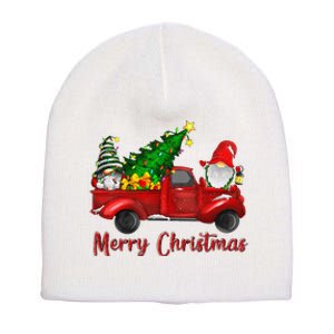 Gnomes In Red Truck With Merry Christmas Tree Lights Short Acrylic Beanie