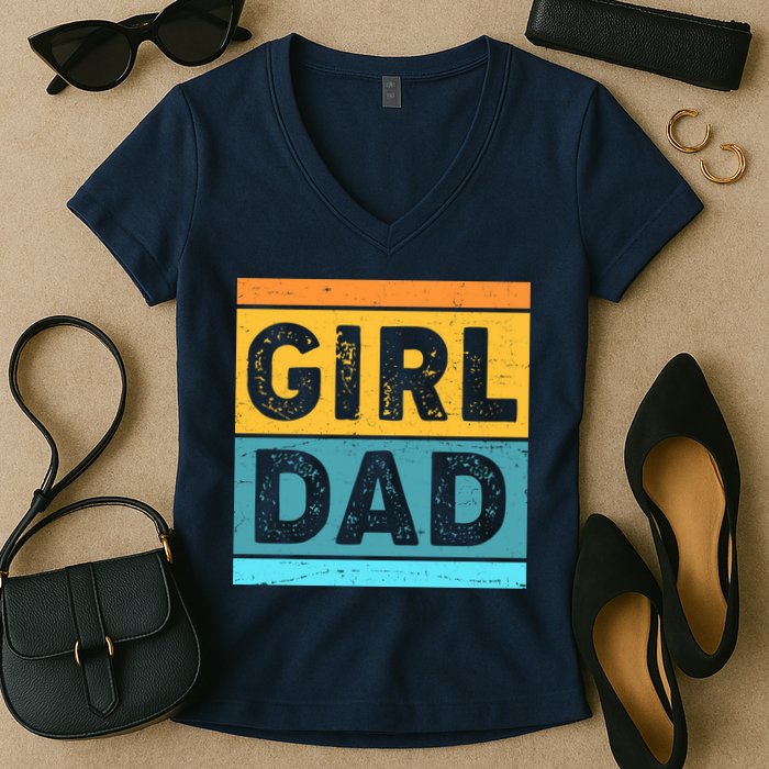 Girl Dad Distressed Color Block Women's V-Neck T-Shirt