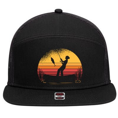 Girl Fishing Sunset 7 Panel Mesh Trucker Snapback Hat