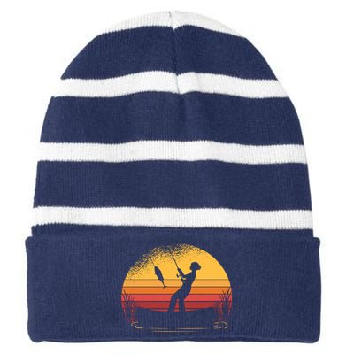 Girl Fishing Sunset Striped Beanie with Solid Band