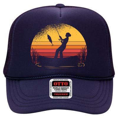 Girl Fishing Sunset High Crown Mesh Back Trucker Hat