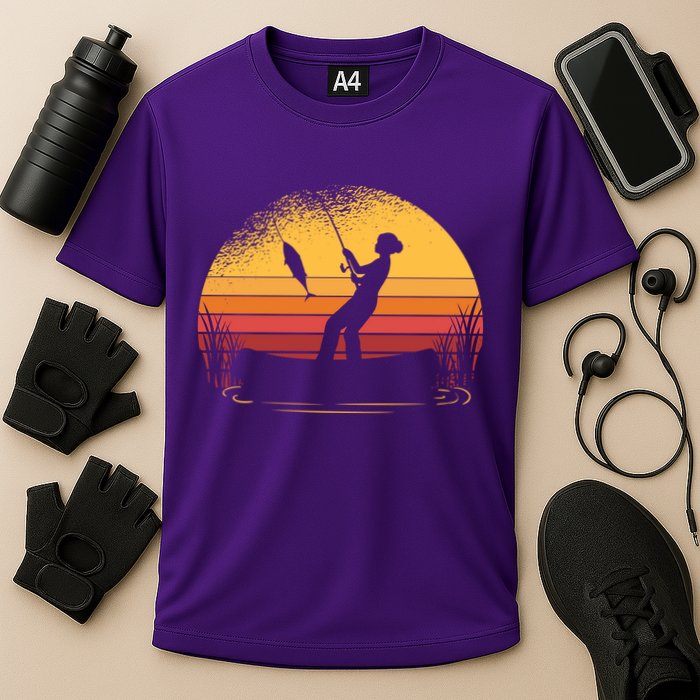 Girl Fishing Sunset Cooling Performance Crew T-Shirt