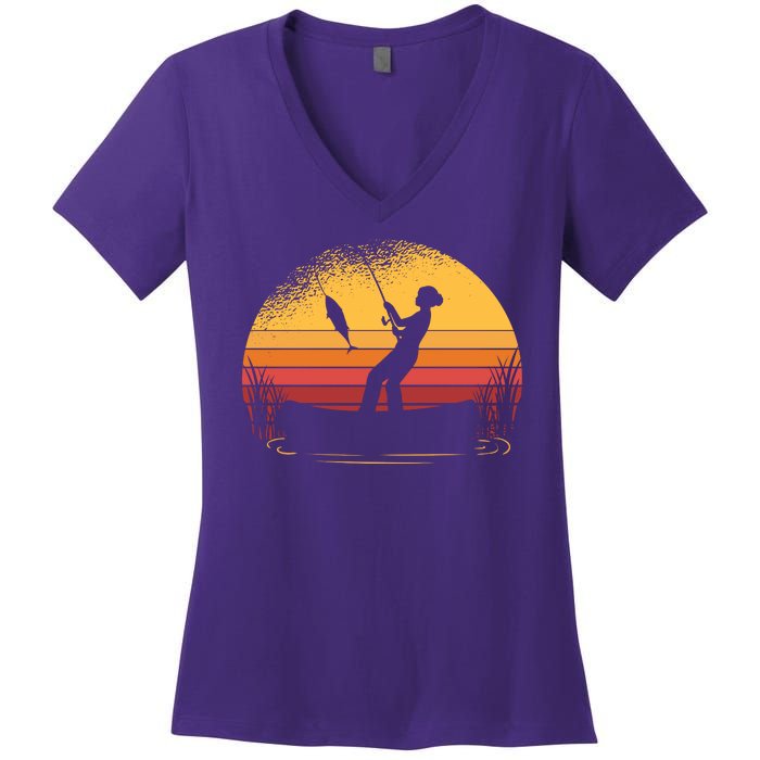 Girl Fishing Sunset Women's V-Neck T-Shirt