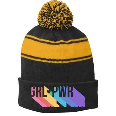 Girl Power Colorful Stripe Pom Pom Beanie