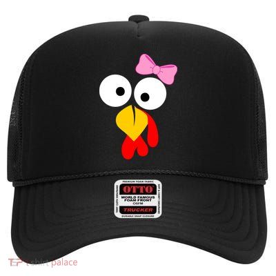 Girl Turkey Face Pink Bow Thanksgiving Day High Crown Mesh Back Trucker Hat