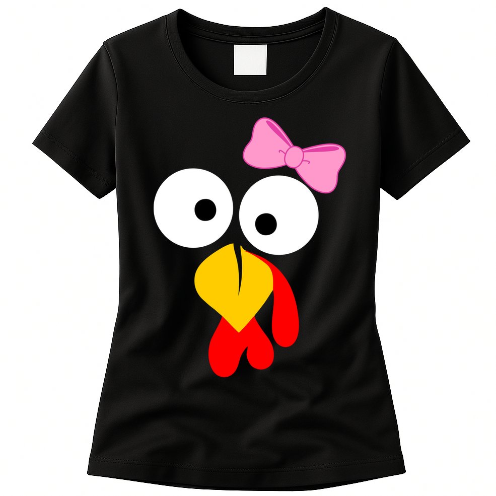 Girl Turkey Face Pink Bow Thanksgiving Day Womens T-Shirt