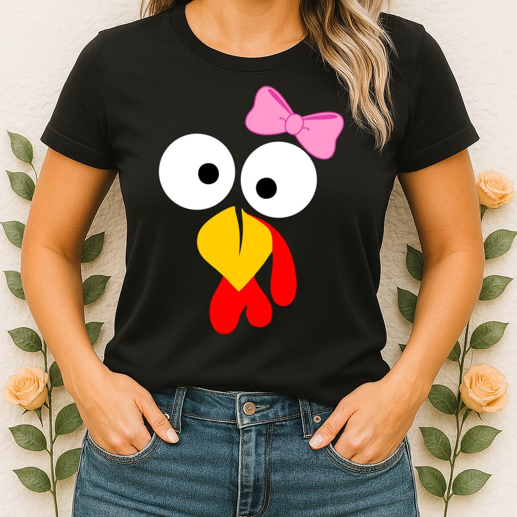 Girl Turkey Face Pink Bow Thanksgiving Day Womens T-Shirt