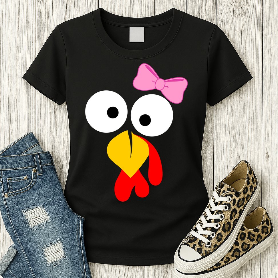 Girl Turkey Face Pink Bow Thanksgiving Day Womens T-Shirt