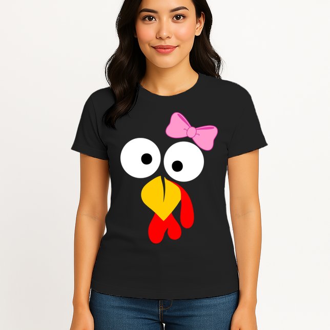 Girl Turkey Face Pink Bow Thanksgiving Day Womens T-Shirt