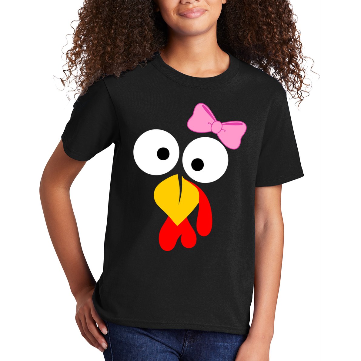 Girl Turkey Face Pink Bow Thanksgiving Day Kids T-Shirt