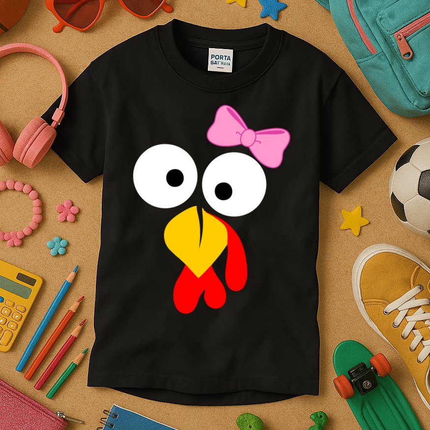 Girl Turkey Face Pink Bow Thanksgiving Day Kids T-Shirt