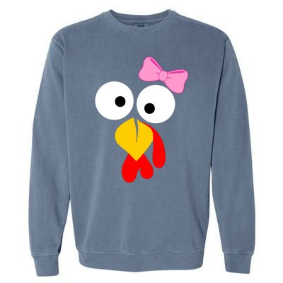 Girl Turkey Face Pink Bow Thanksgiving Day Garment-Dyed Sweatshirt