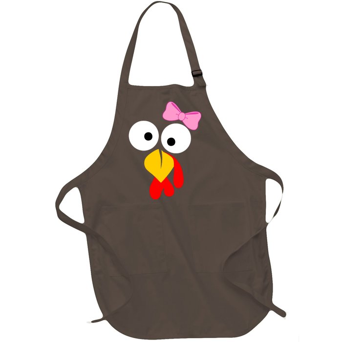 Girl Turkey Face Pink Bow Thanksgiving Day Full-Length Apron With Pockets