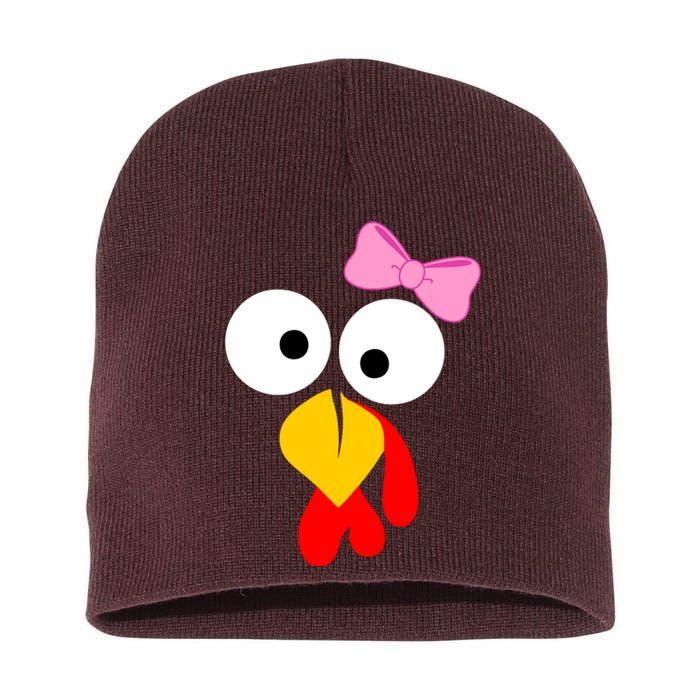 Girl Turkey Face Pink Bow Thanksgiving Day Short Acrylic Beanie