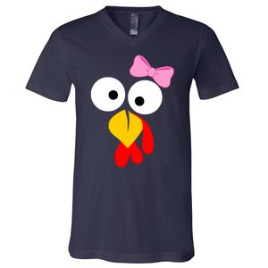 Girl Turkey Face Pink Bow Thanksgiving Day V-Neck T-Shirt