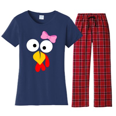 Girl Turkey Face Pink Bow Thanksgiving Day Women's Flannel Pajama Set