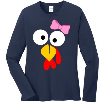 Girl Turkey Face Pink Bow Thanksgiving Day Ladies Long Sleeve Shirt