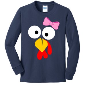 Girl Turkey Face Pink Bow Thanksgiving Day Kids Long Sleeve Shirt