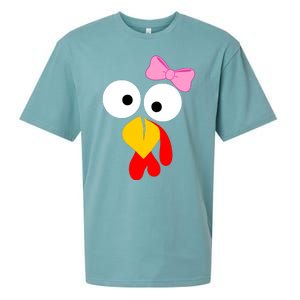 Girl Turkey Face Pink Bow Thanksgiving Day Sueded Cloud Jersey T-Shirt