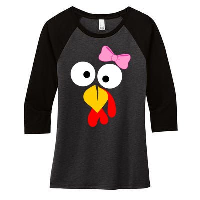 Girl Turkey Face Pink Bow Thanksgiving Day Women's Tri-Blend 3/4-Sleeve Raglan Shirt