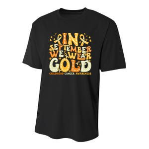 Groovy In September We Wear Gold Childhood Cancer Awareness Rainbow Ribbon Youth Performance Sprint T-Shirt