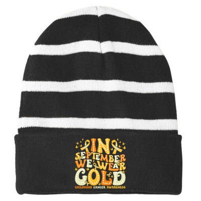 Groovy In September We Wear Gold Childhood Cancer Awareness Rainbow Ribbon Striped Beanie with Solid Band